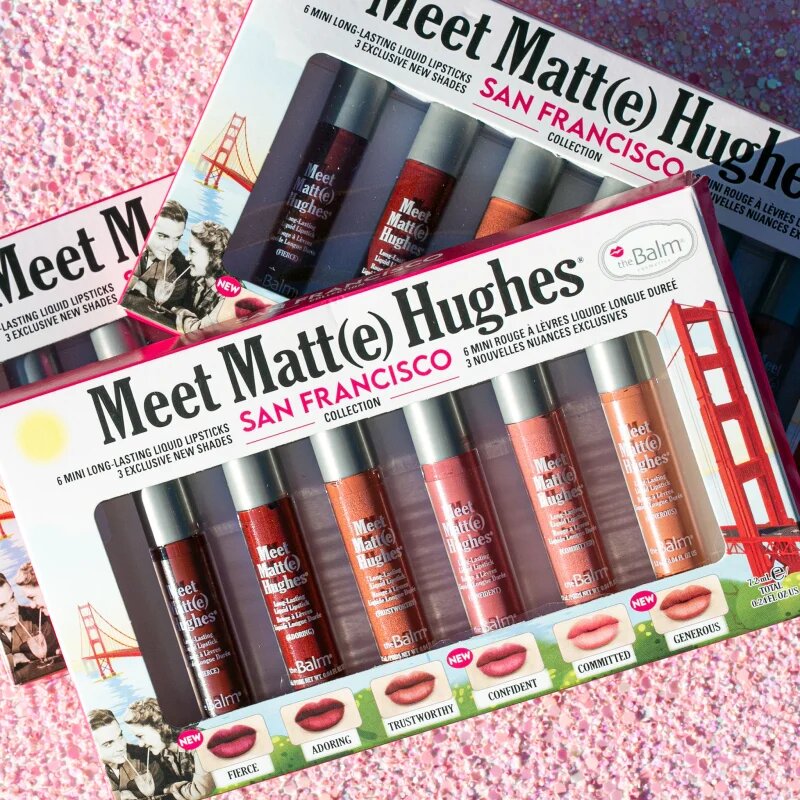 theBalm Meet Matt(e) Hughes Mini Kit San Francisco folyékony rúzs szett a hosszan tartó hatásért 6 db
