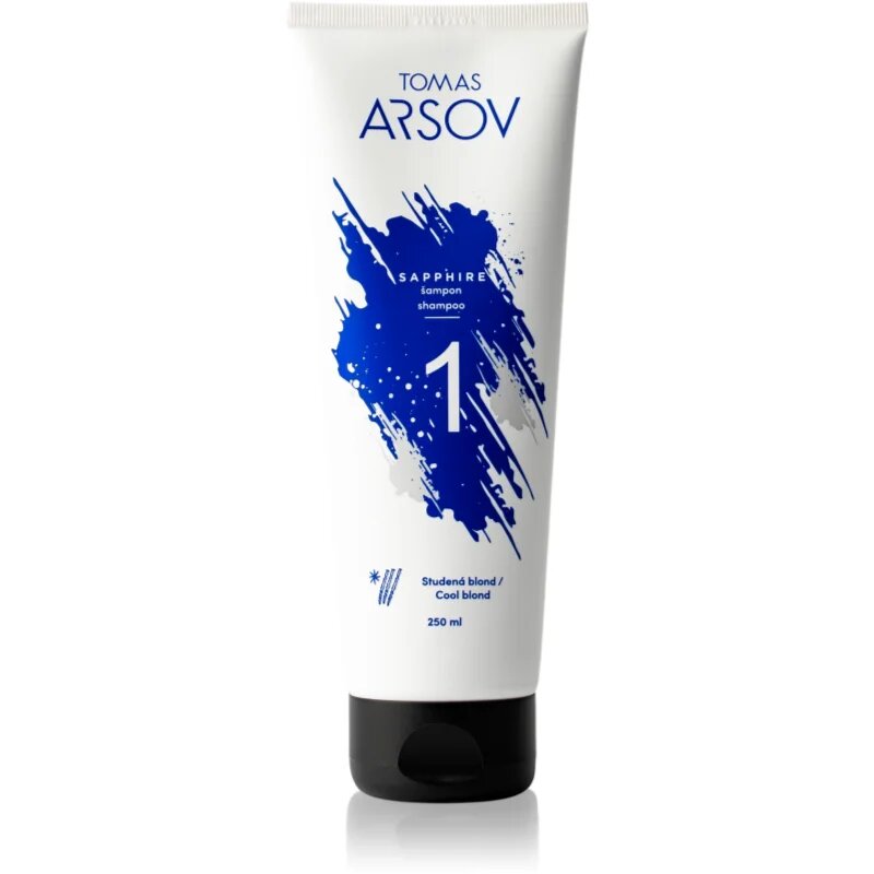 Tomas Arsov Sapphire Blonde Shampoo sampon a sárga tónusok neutralizálására szőkített melírozott hideg szőke hajra 250 ml