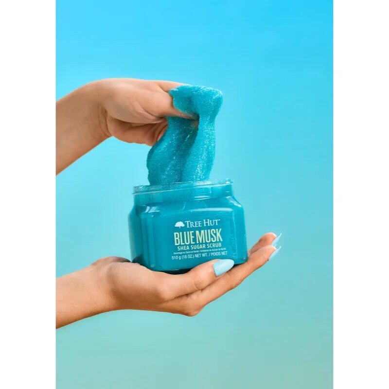 Tree Hut Shea Sugar Scrub Blue Musk cukros test peeling 510 g