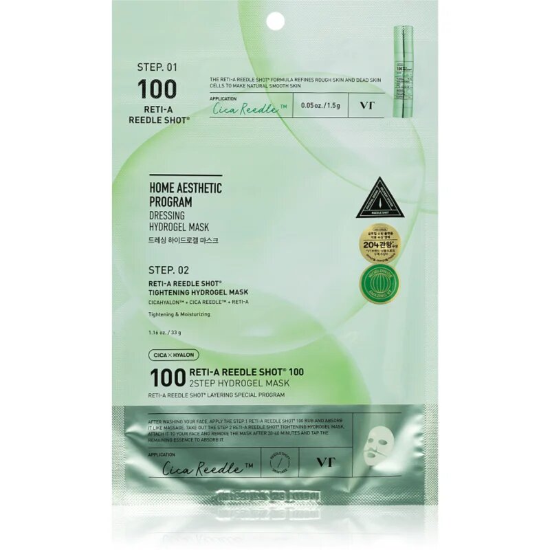 VT Cosmetics Cica Reti-A Reedle Shot 100 2Step Hydrogel Mask intenzív hidrogélmaszk a bőr kisimításáért és a pórusok minimalizásáért 34.5 g