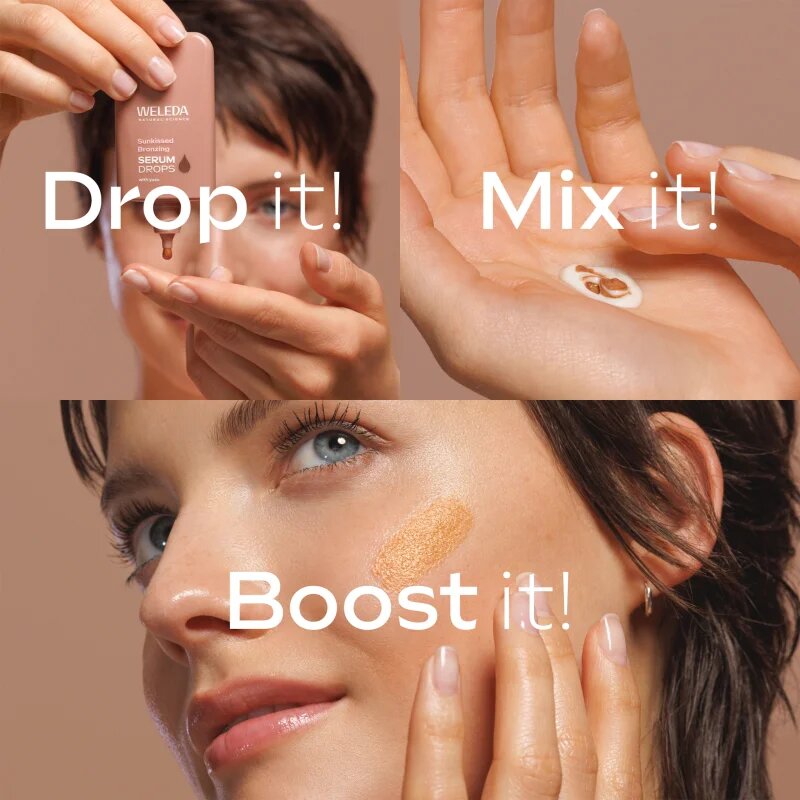 Weleda Serum Drops Sunkissed Bronzing hidratáló arcszérum enyhe napbarnított hatással 30 ml
