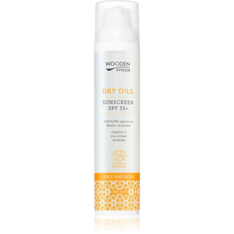 WoodenSpoon Dry Oils Sunscreen SPF 35+ naptej arca és testre SPF 35 100 ml