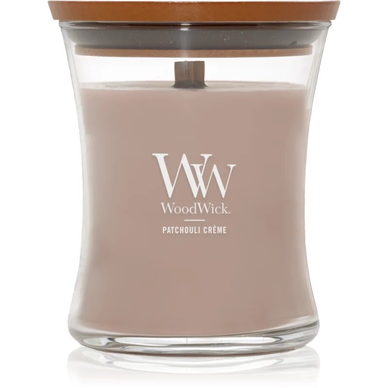 Woodwick Opulent Wood Patchouli Creme illatgyertya fa kanóccal 275 g