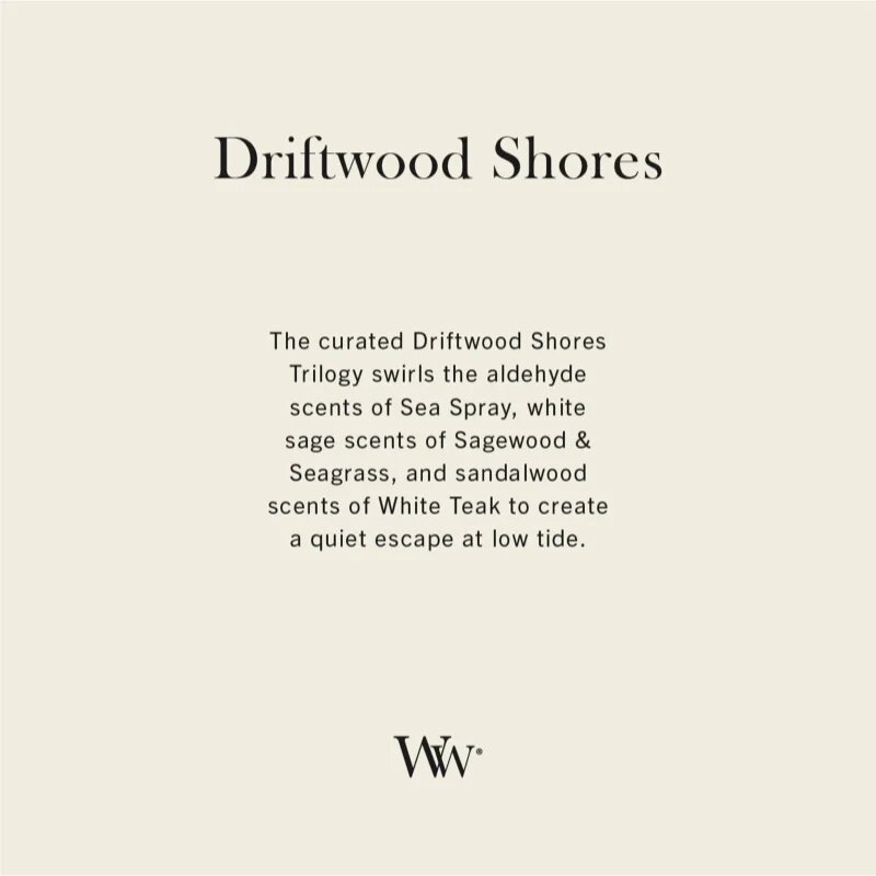 Woodwick Trilogy Driftwood Shores illatgyertya fa kanóccal 275 g