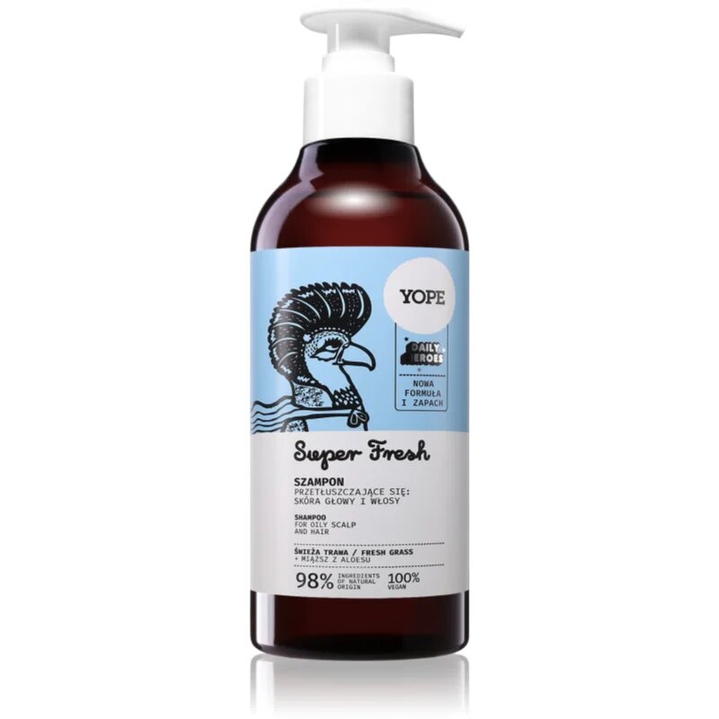 Yope Daily Heroes Fresh Shampoo Fresh Grass frissítő sampon zsíros hajra és fejbőrre 300 ml