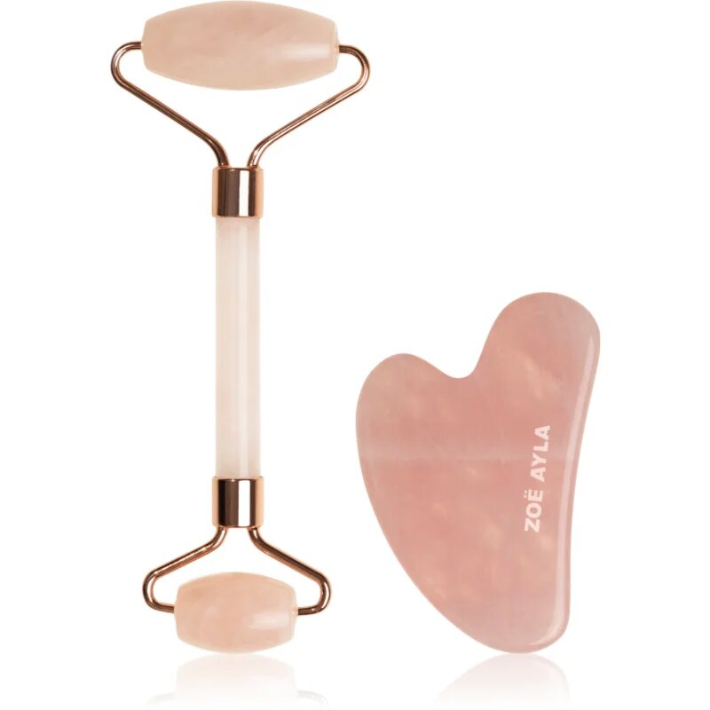 Zoë Ayla Rose Quartz Facial Roller And Gua Sha Tool ajándékszett az arcra